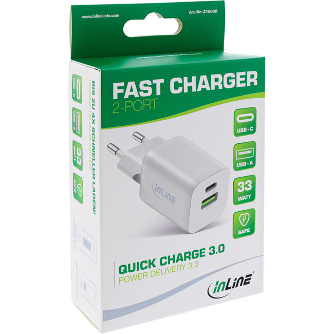 InLine® Power Delivery + Quick Charge USB-voeding, 33W, USB-A + USB-C, wit