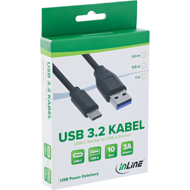 InLine® USB 3.2 Gen.1x2-kabel, USB-C male naar A male, zwart, 0,3m
