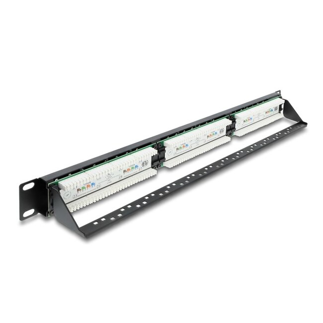 Delock 19″ 1U Patch Panel 24 port Cat.6 with LED and strain relief rail unshielded black