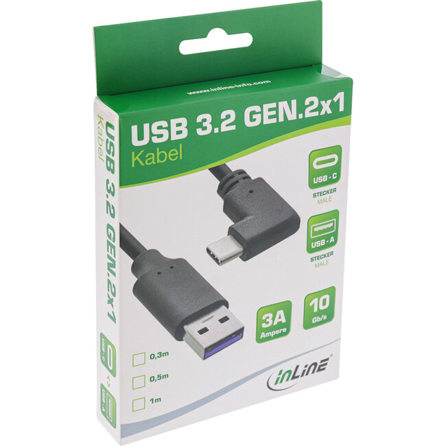 InLine® USB 3.2-kabel, USB-C-stekker schuin naar A-stekker, zwart, 1m