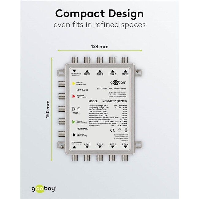 Goobay passieve satelliet multiswitch | 5 ingangen / 8 uitgangen