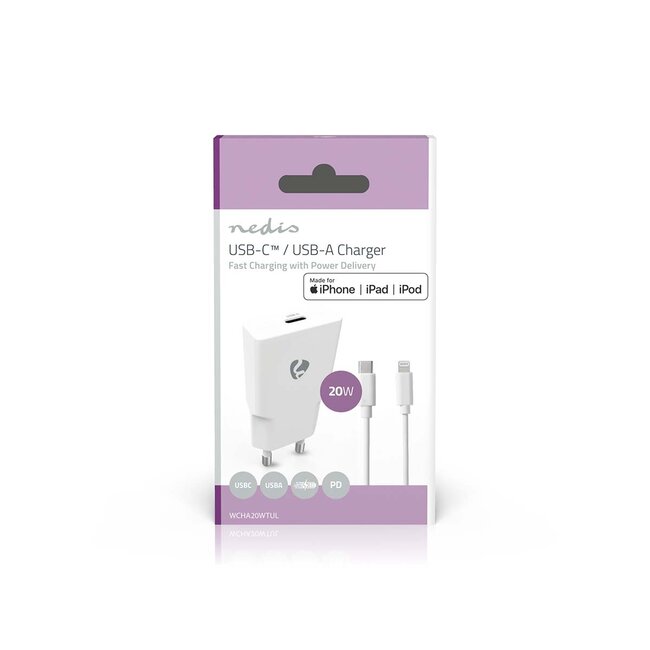 Nedis USB thuislader | USB-C PD | 20W | losse Lightning kabel | 1 meter