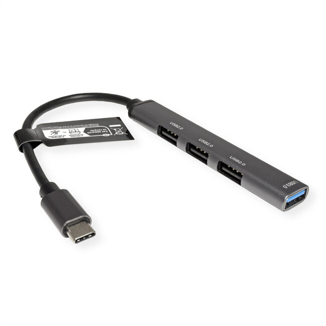 STANDAARD USB 2.0-hub, USB-C aansluiting, 4x USB-A-poorten (3x USB 2.0 + 1x USB 3.2 Gen1)