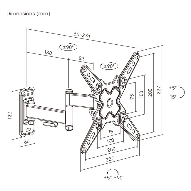 VALUE TV muurbeugel, 3 draaipunten, 13-43 inch, maximaal 20 kg