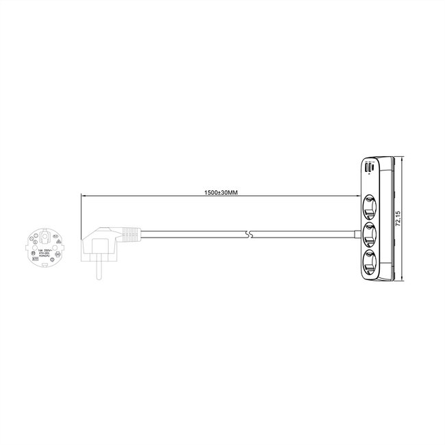 VALUE tafelstekkerdoos, 3-voudig met schakelaar, incl. 3x USB (2x A, 1x C), met tafelklem , 1,5 m