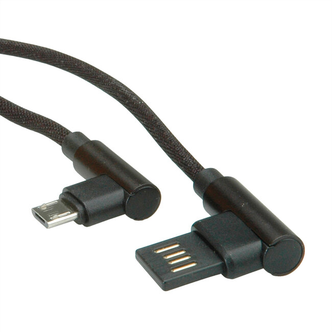 ROLINE USB 2.0 Kabel, A reversibel male  - Micro B (90° hoekig) male, zwart, 0,8 m