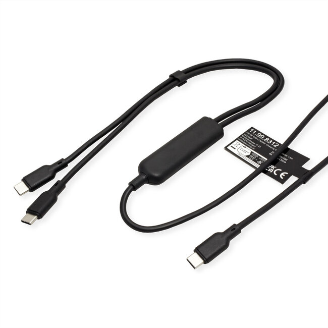 VALUE USB Type C split-oplaadkabel, C - 2x C, Male/Male, max. 100 W, zwart, 1,8 m