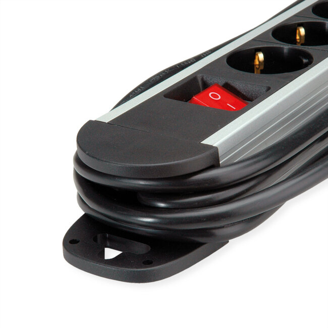 ROLINE 6-voudige stekkerdoos, met aan/uit-schakelaar, aluminium behuizing, zwart / zilver, 3 m