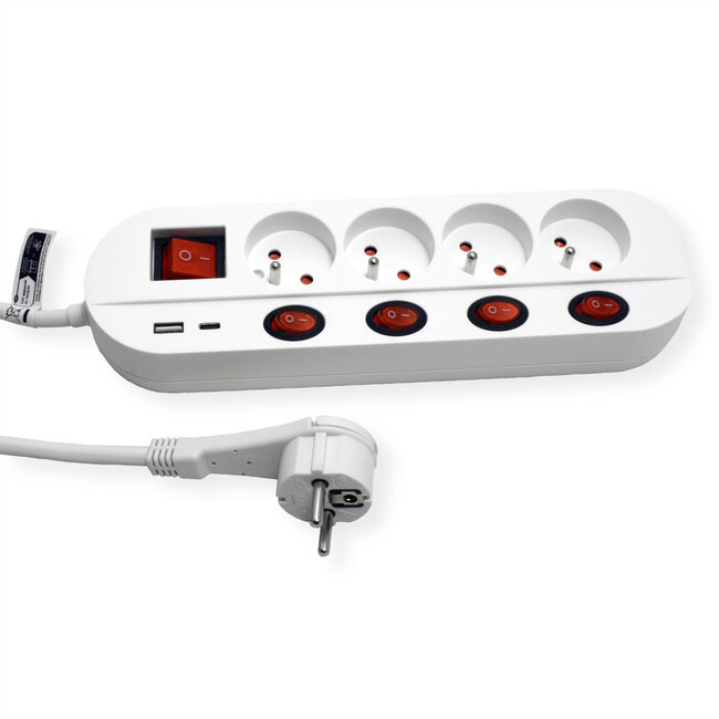 ROLINE 4-voudige stekkerdoos met schakelaar, UTE versie, USB-oplader A+C, 1,5 m