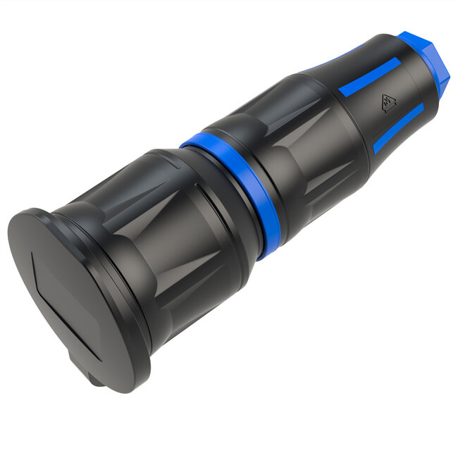 BACHMANN Profi-Schutzkontaktkupplung CEE7/3, Deckelband, gummiert, IP54, schwarz / blau