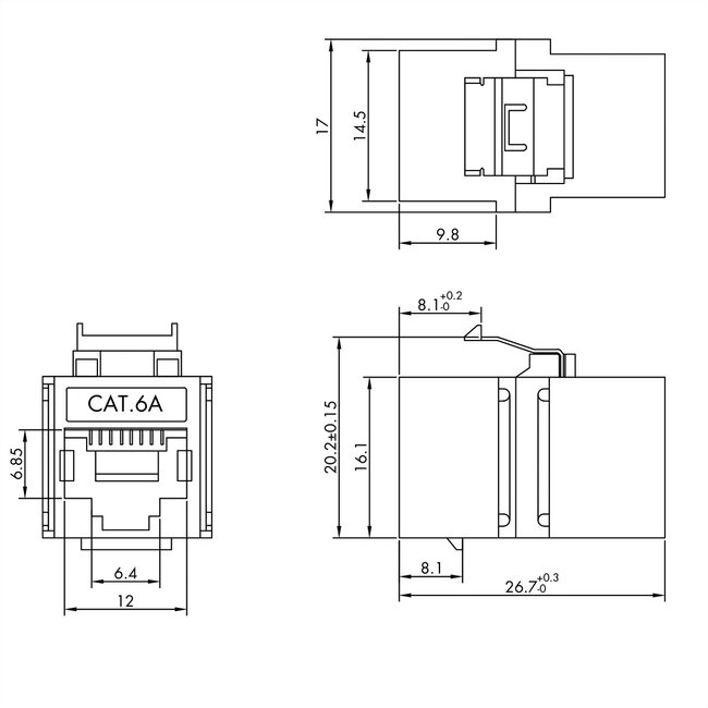 VALUE RJ-45-koppeling, keystone, afgeschermd, Cat.6A (Klasse EA), korte uitvoering, zilver