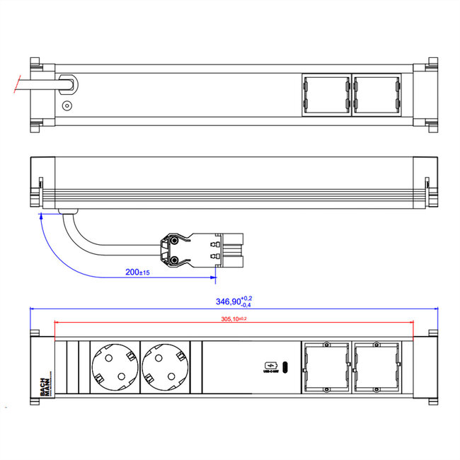 BACHMANN POWER FRAME 2xCEE7/3, 1xUSB C Oplader 2xCM 0,2m GST18