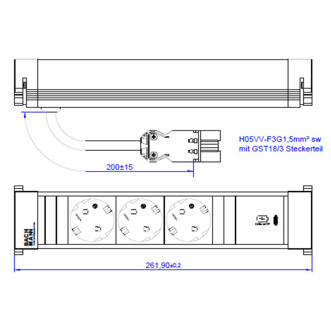 BACHMANN POWER FRAME M 3xCEE7/3, 1xUSB C 30W 0,2m GST18