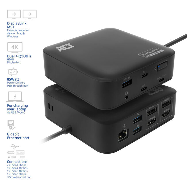 ACT USB-C docking station | 2x HDMI/DP 4K 60Hz, 7x USB-A/C, PD 85W, RJ45 en 3,5mm | DisplayLink | 1 meter
