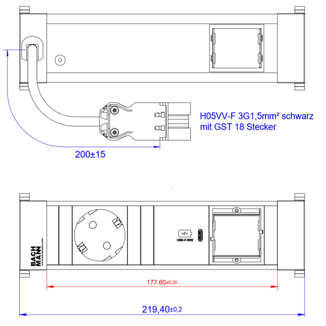 BACHMANN POWER FRAME 1xCEE7/3, 1xUSB C 30W 1xCM 0,2m GST18