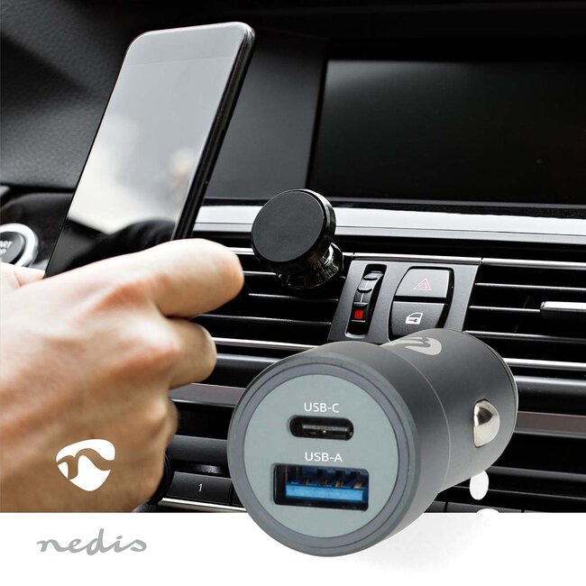 Nedis USB autolader | USB-C PD en USB-A QC | 38W | grijs