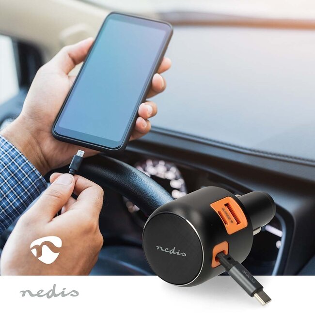 Nedis USB-C autolader | 2x USB-C PD en 1x USB-A QC | PD 60W | 0,70 meter