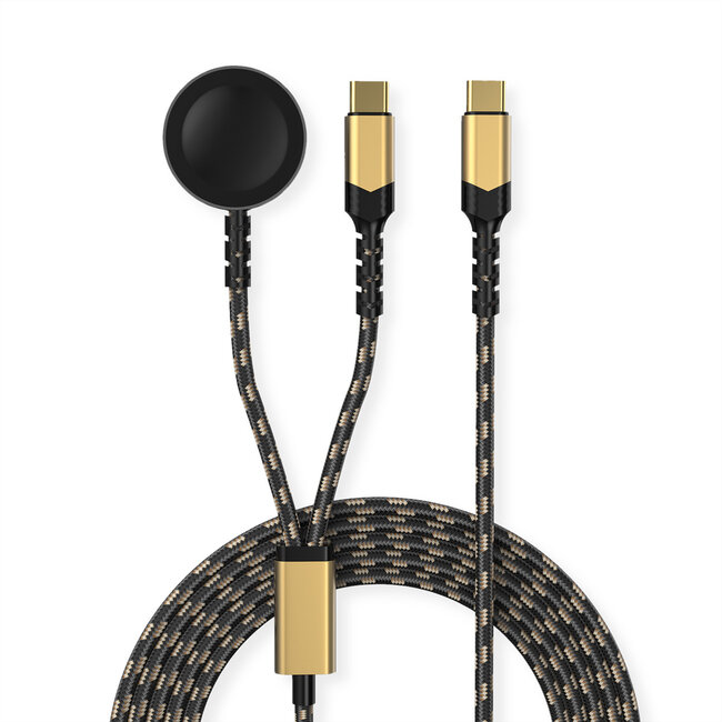 ROLINE USB-split-oplaadkabel, tot 60 W + oplaadpad (tot 15 W), voor Samsung-apparaten, type C - C, zwart / goud, 1,2 m