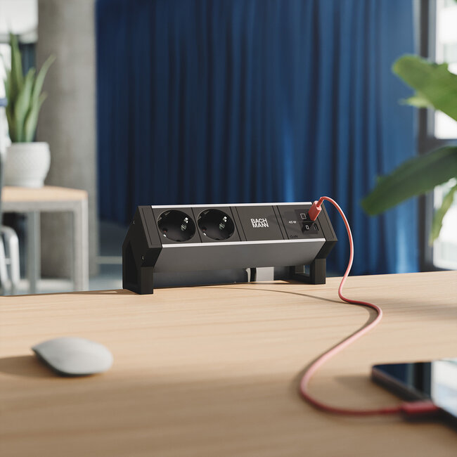 BACHMANN DESK2 ALU BLACK 2xCEE7/3, 1xUSB C/C 45W L=0,2m RAL9005