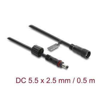 DeLOCK Delock DC Extension Cable 5.5 x 2.5 mm male to female with screw cap M12 x 1.75 mm thread waterproof 18 AWG 0.5 m black