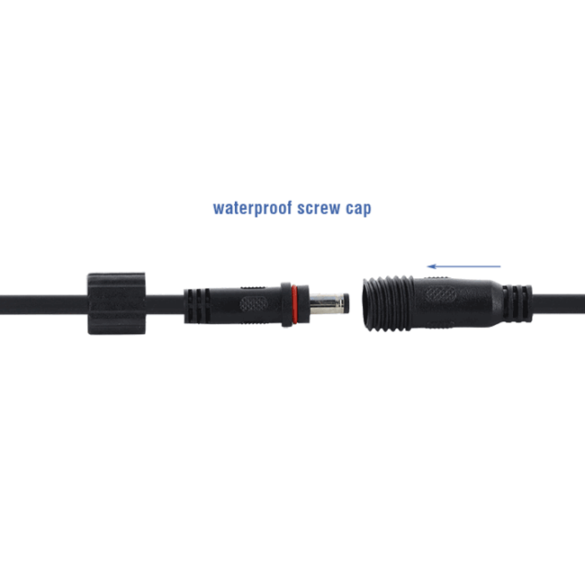 Delock DC Extension Cable 5.5 x 2.1 mm male to female with screw cap M12 x 1.75 mm thread waterproof 18 AWG 2 m black