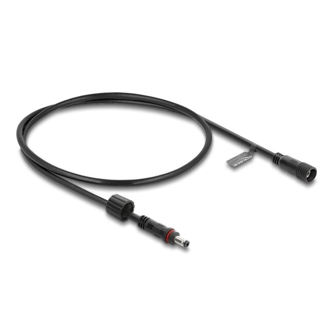 Delock DC Extension Cable 5.5 x 2.1 mm male to female with screw cap M12 x 1.75 mm thread waterproof 18 AWG 0.5 m black