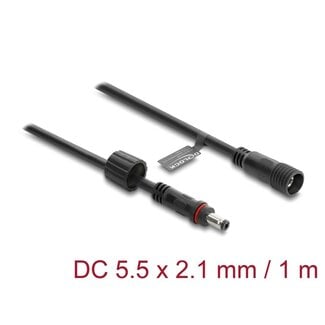 DeLOCK Delock DC Extension Cable 5.5 x 2.1 mm male to female with screw cap M12 x 1.75 mm thread waterproof 18 AWG 1 m black