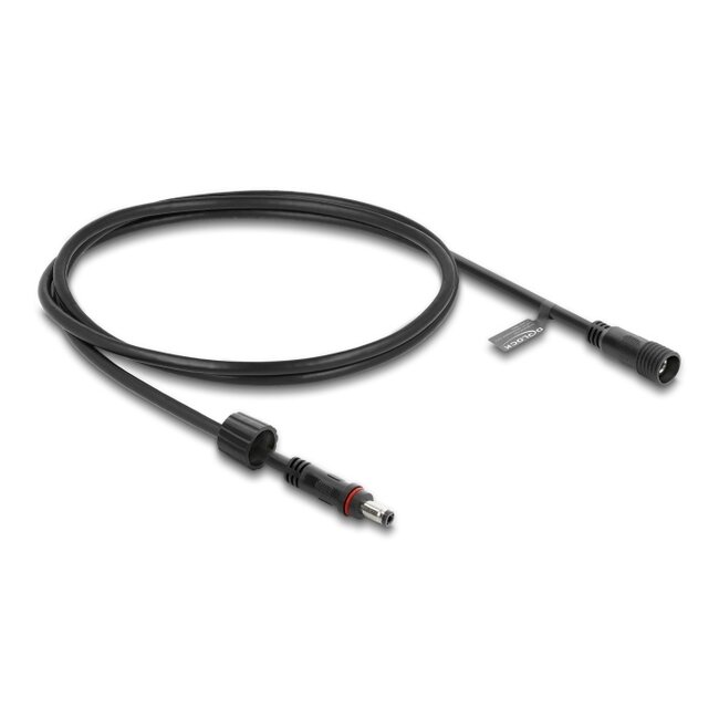 Delock DC Extension Cable 5.5 x 2.1 mm male to female with screw cap M12 x 1.75 mm thread waterproof 18 AWG 1 m black