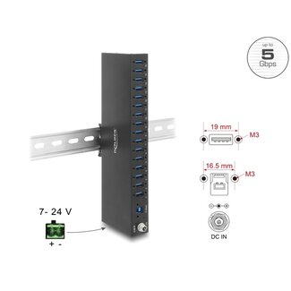 DeLOCK Delock Industry Hub 16 x USB 5 Gbps Type-A with 8 kV ESD protection and DIN rail mounting