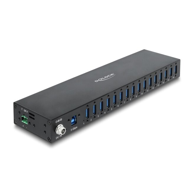 Delock Industry Hub 16 x USB 5 Gbps Type-A with 8 kV ESD protection and DIN rail mounting