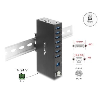DeLOCK Delock Industry Hub 7 x USB 5 Gbps Type-A with 8 kV ESD protection and DIN rail mounting