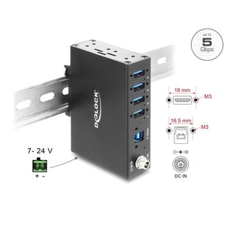 DeLOCK Delock Industry Hub 4 x USB 5 Gbps Type-A with 8 kV ESD protection and DIN rail mounting