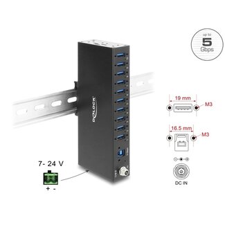 DeLOCK Delock Industry Hub 10 x USB 5 Gbps Type-A with 8 kV ESD protection and DIN rail mounting