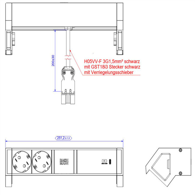BACHMANN DESK2 ALU ZWART 2xbeschermend contact USB C, USB Lader 60W 0.2m GST18