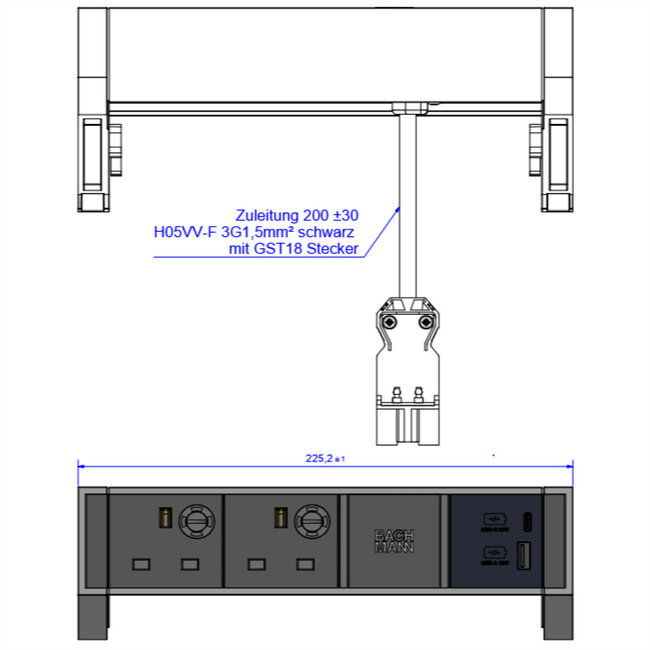 BACHMANN DESK2 2xUK 1xUSB A/C 22W, 0,2m GST18 RAL9010, Verenigd Koninkrijk