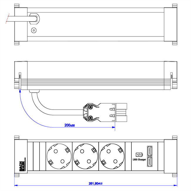 BACHMANN POWER FRAME Medium 3x geaard stopcontact 1xUSB oplader