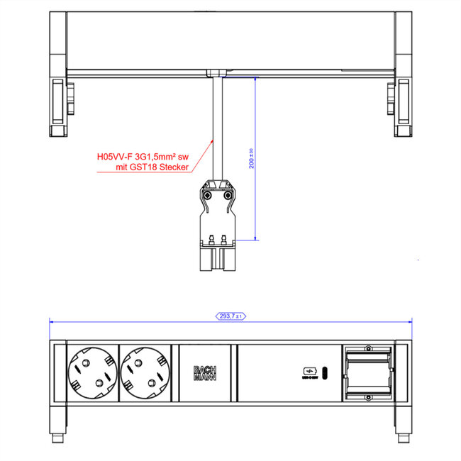 BACHMANN DESK2 ALU ZWART 2xbeschermend contact USB C, USB Lader 60W 1xABD 0,2m GST18