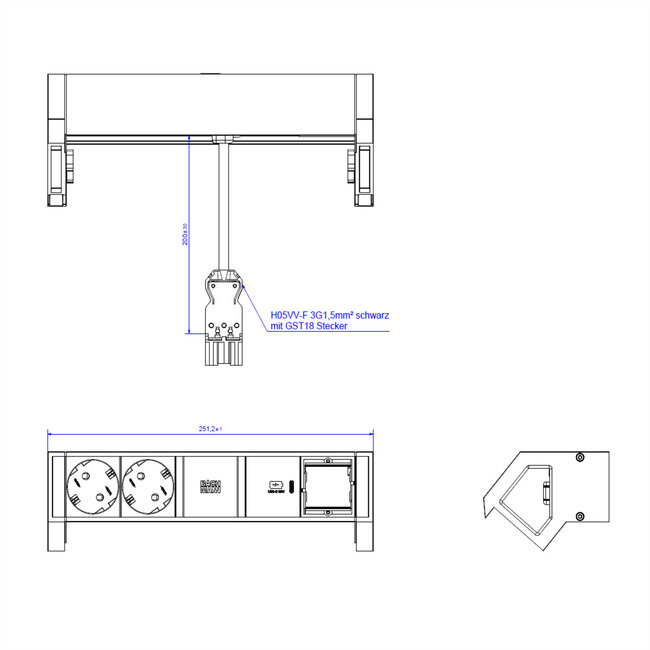 BACHMANN DESK2 2xbeschermend contact USB C, USB Lader 30W 1xABD 0,2m GST18 wit