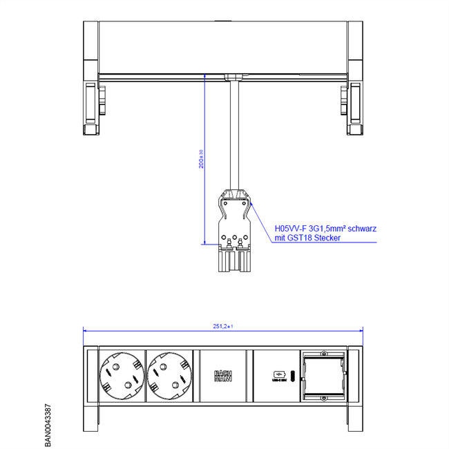 BACHMANN DESK2 2xbeschermend contact USB C, USB Lader 30W 1xABD 0,2m GST18 INOX