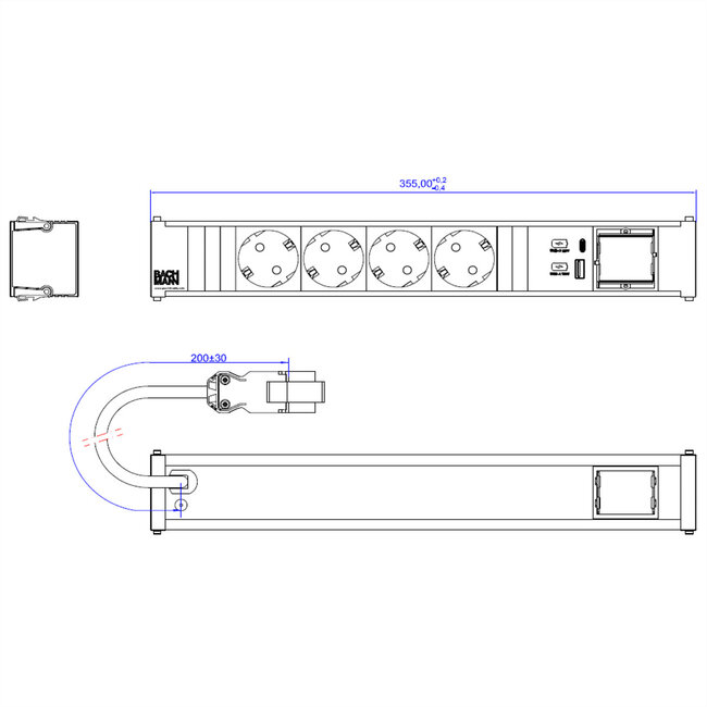 BACHMANN CONI 4xCEE7/3 1xUSB A/C 22W 1xCM 0,2m GST18 RAL9010
