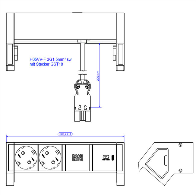 BACHMANN DESK2 2x geaard stopcontact USB C , USB Oplader 30W 0,2m GST18 Zwart