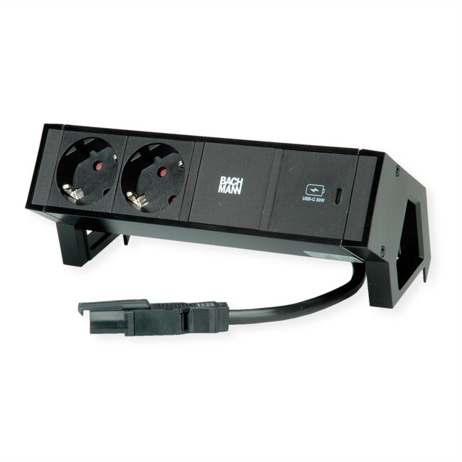 BACHMANN DESK2 2x geaard stopcontact USB C , USB Oplader 30W 0,2m GST18 Zwart
