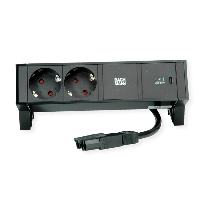 BACHMANN DESK2 2x geaard stopcontact USB C , USB Oplader 30W 0,2m GST18 Zwart