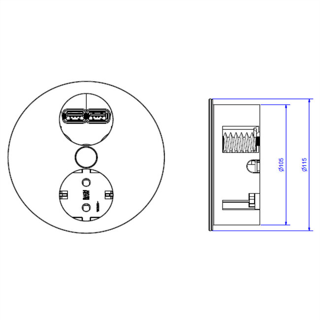 BACHMANN TWIST 1x geaard contact, adereindhulzen, USB oplader, geaarde stekker, Roestvrij staal, 2 m