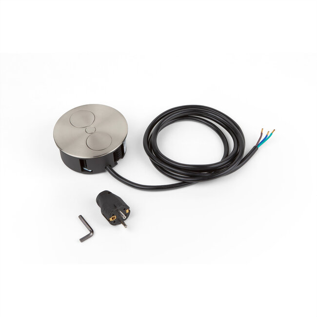 BACHMANN TWIST 1x geaard contact, adereindhulzen, USB oplader, geaarde stekker, Roestvrij staal, 2 m