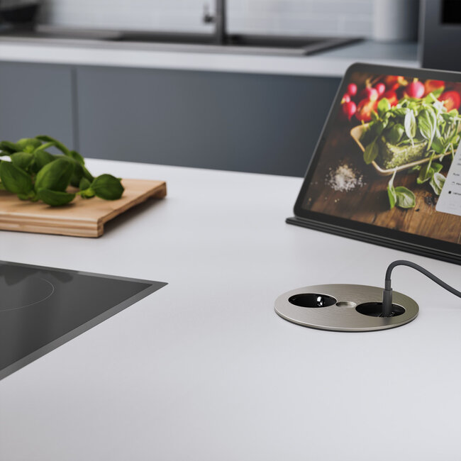 BACHMANN TWIST 1x geaard contact, adereindhulzen, USB oplader, geaarde stekker, Roestvrij staal, 2 m