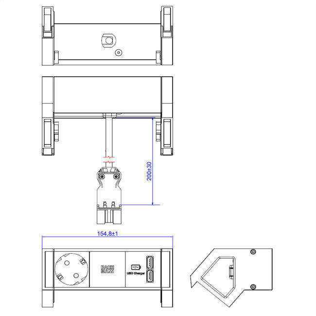 BACHMANN DESK2 ALU ZWART 1x geaard stopcontact 1x USB oplader GST18