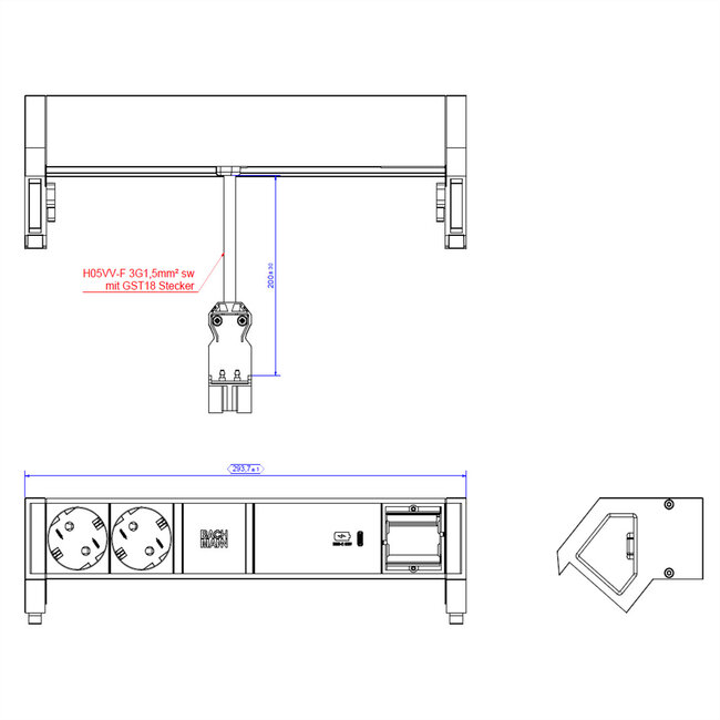 BACHMANN DESK2 2xbeschermend contact USB C, USB Lader 60W 1xABD 0,2m GST18 INOX