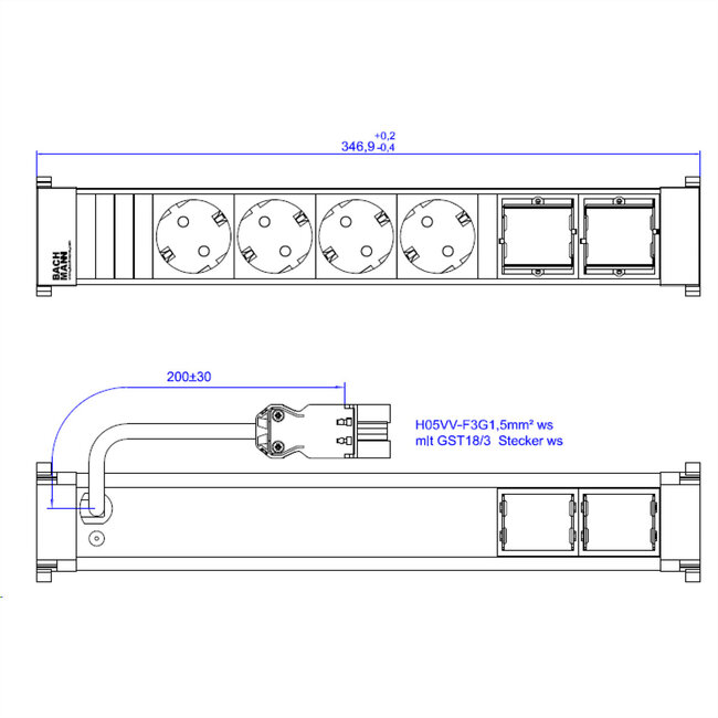 BACHMANN POWER FRAME 4xCEE7/3 2xCM 0,2m GST18 RAL9010