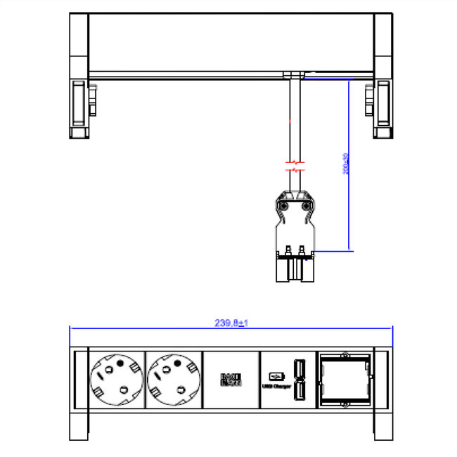 BACHMANN DESK2 ALU ZWART 2x geaard stopcontact, 1x USB oplader en 1x ABD GST18